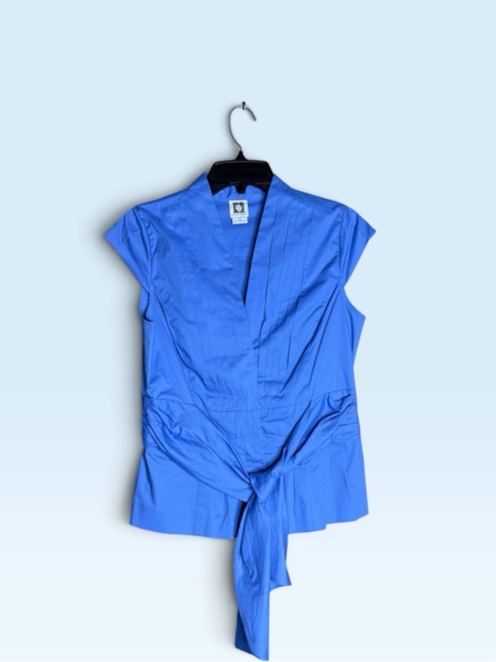 Anne Klein Size 6 Cobalt Blue Pleated Wrap Tie Waist Cap Sleeve Blouse